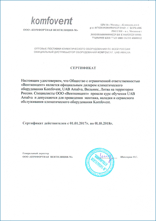 Komfovent сертификат ВЕНТКОНЦЕПТ